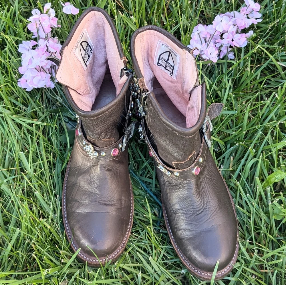 Brown Leather Cowboy Biker Moto Rare Pink Bling Boots 9 fit like 8.5 - Picture 4 of 12